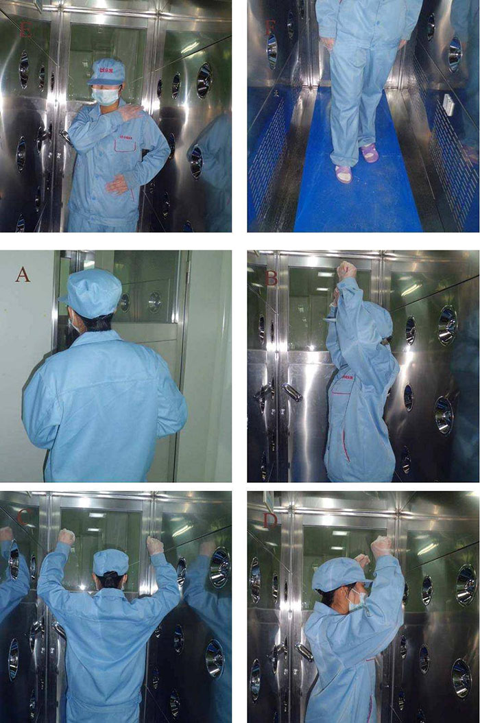 進入風淋室前無塵服應穿著得當,袖口和領口需拉緊,避免衣物內外的塵埃進入。 進入風淋室前無塵服應穿著得當,袖口和領口需拉緊,避免衣物內外的塵埃進入。